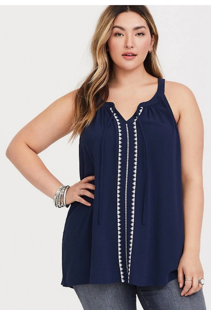 Navy Embroidered Crepe Tank